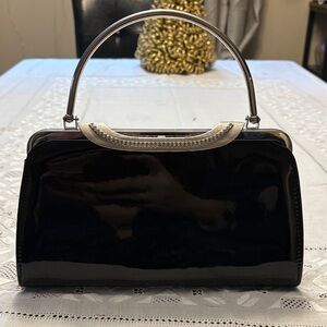 Le Chateau Black Patent Clutch with Silver Accents